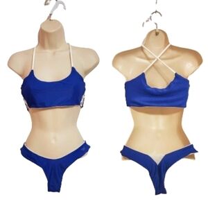 Briavia Reversible Ribbed Criss Cross Bikini Blue White Medium